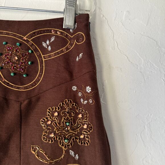 Susan Bristol Vintage Brown Embroidered A-Line Skirt Linen Blend Beaded‎ Boho 12 - Picture 1 of 7